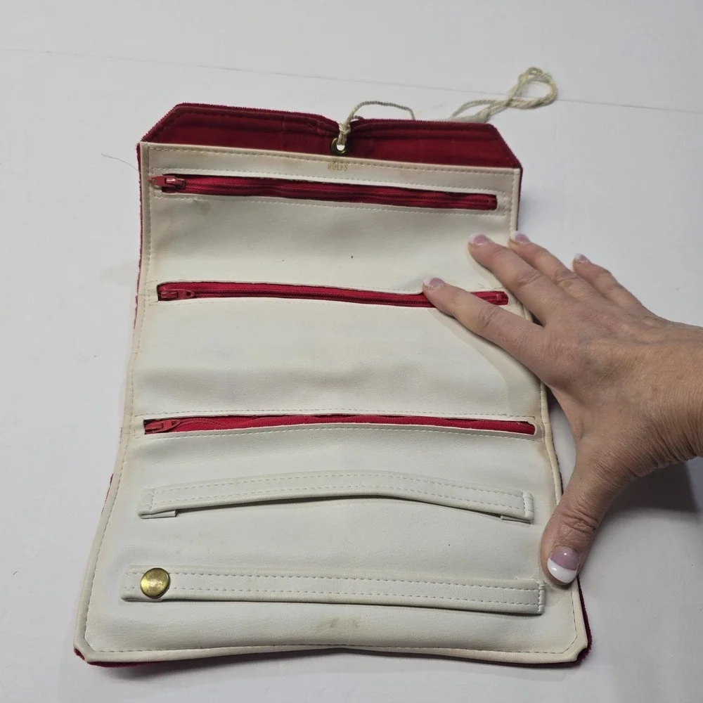 Vintage 80s Rolfs Red Velvet Leather? Womens Travel Jewelry Case Roll Up Folding